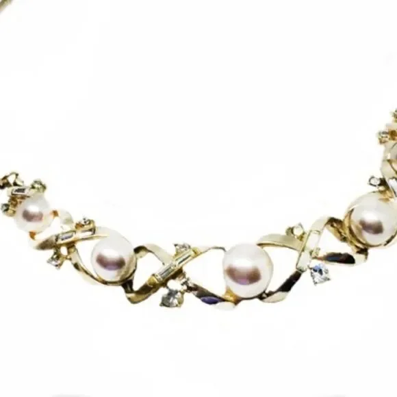 Vtg Corocraft gold pearl rhinestone 14" necklace - Picture 10 of 11